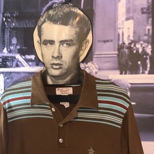 VTG Original Penguin retro Brown Polo with Blue and White Stripes EUC